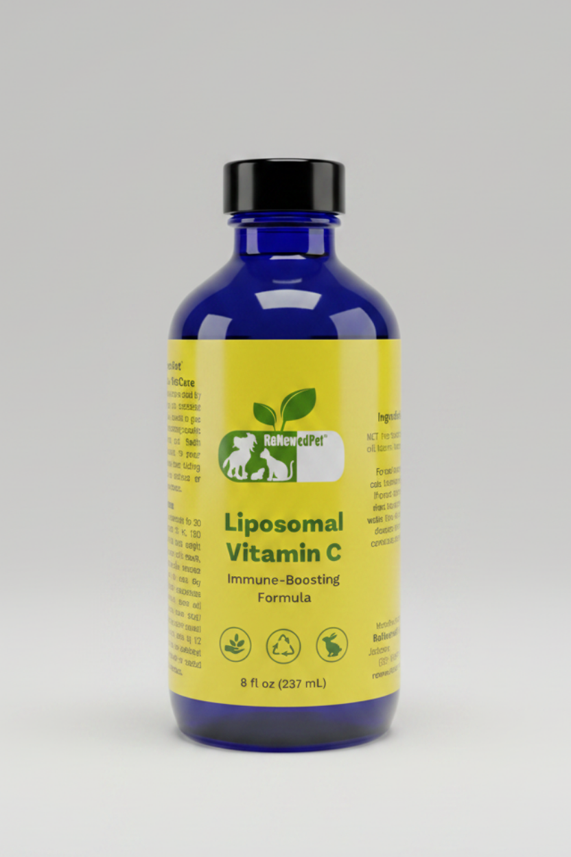 Liposomal Vitamin C pet supplement bottle, blue glass with yellow front label