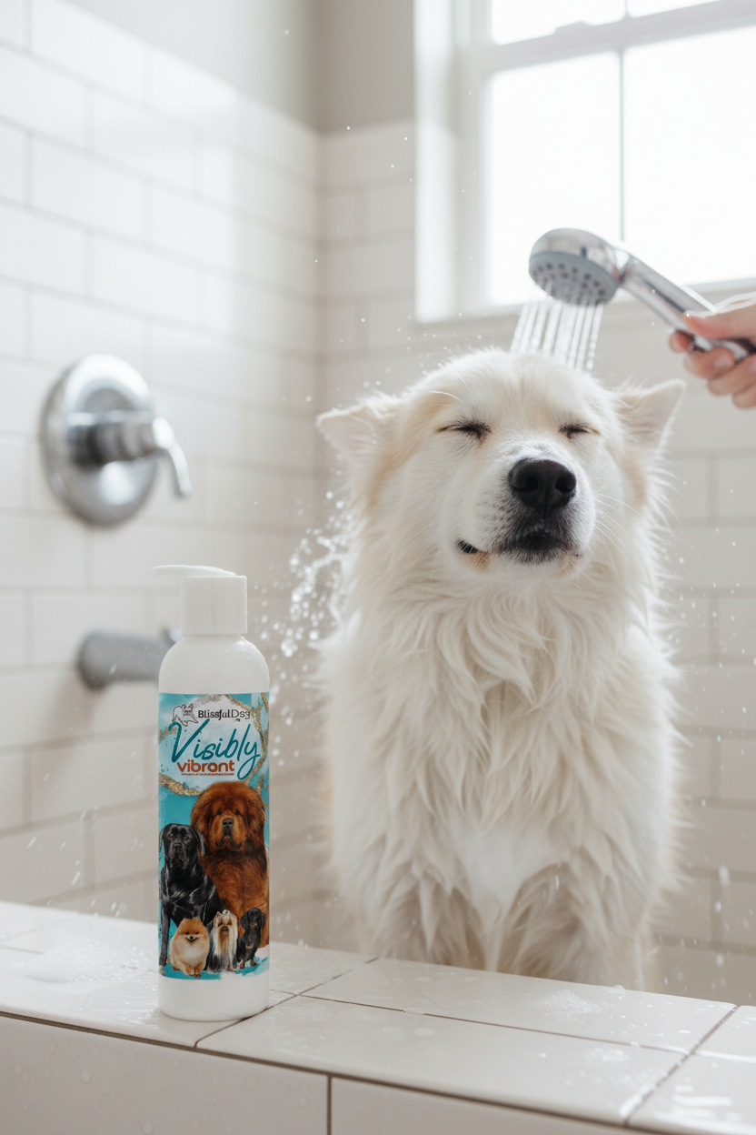 Color-enhancing pet shampoo bottle with dog and cat label, white cap on counter.