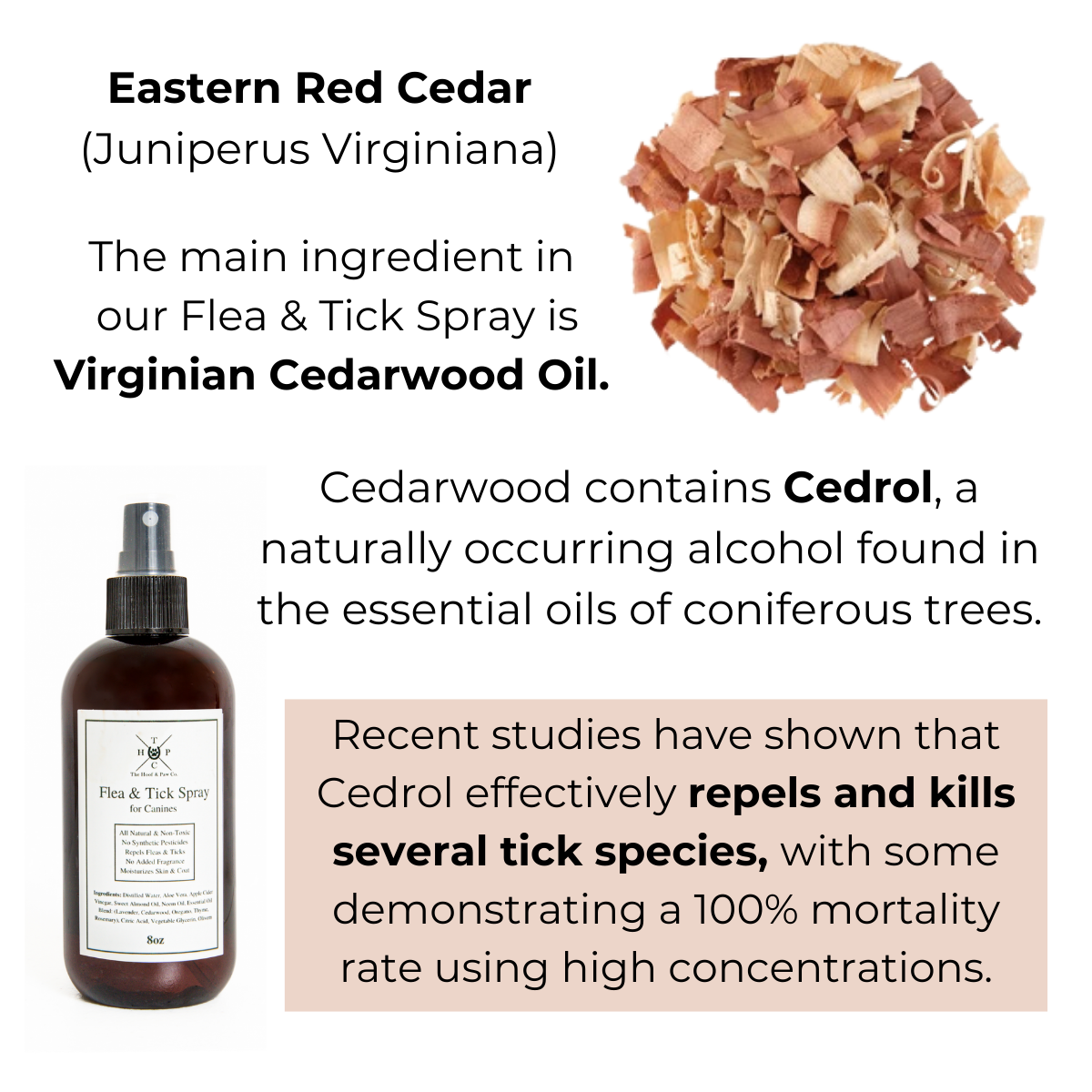 Cedarwood ingredient graphic with flea and tick spray bottle, front label