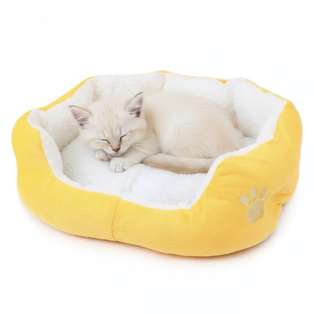 Yellow round pet bed with white plush liner and paw emblem, cat sleeping inside