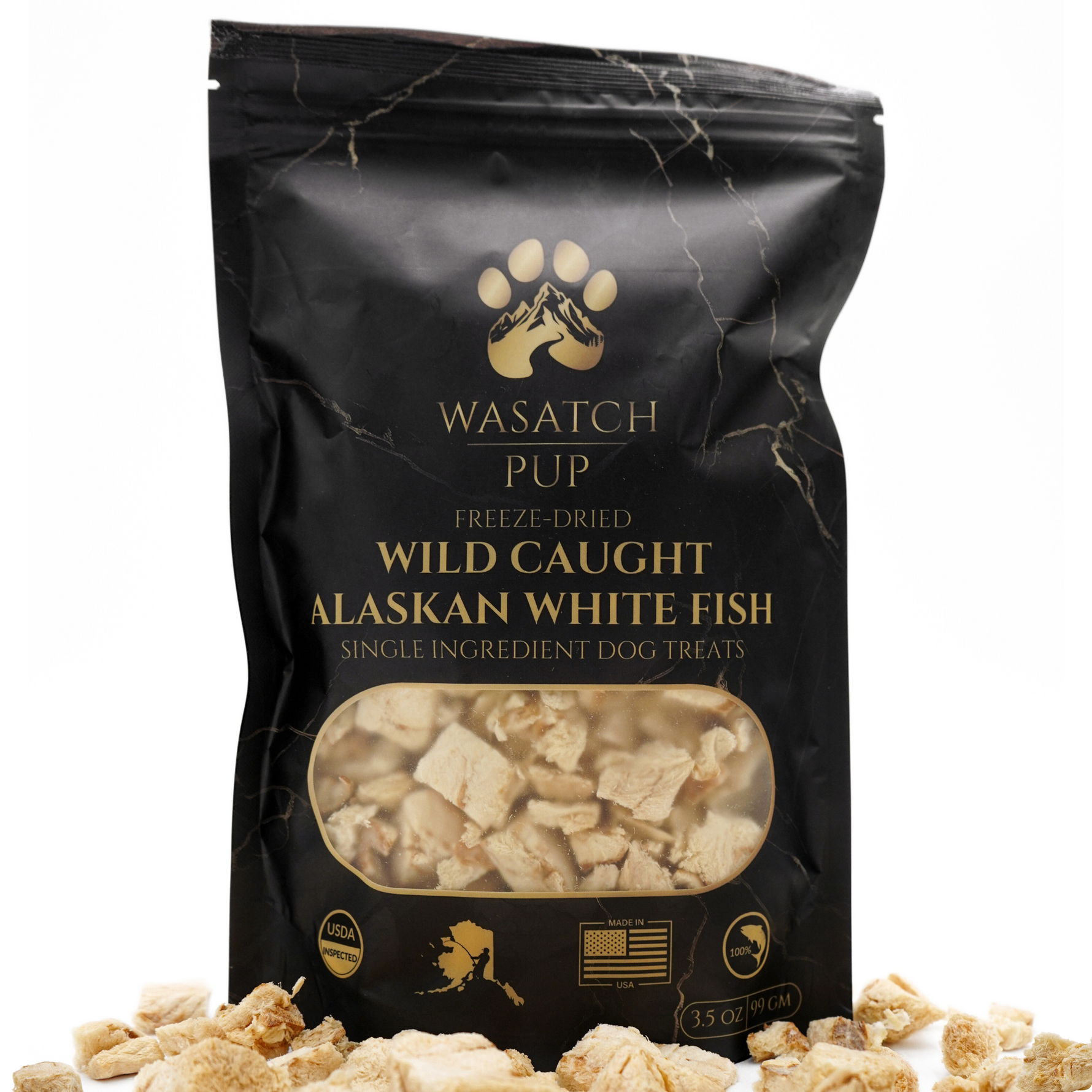 Freeze-dried fish treat pouch with gold paw logo and clear window of chunks