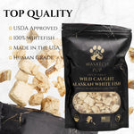 Freeze-dried fish treat pouch with dried fish chunks beside it