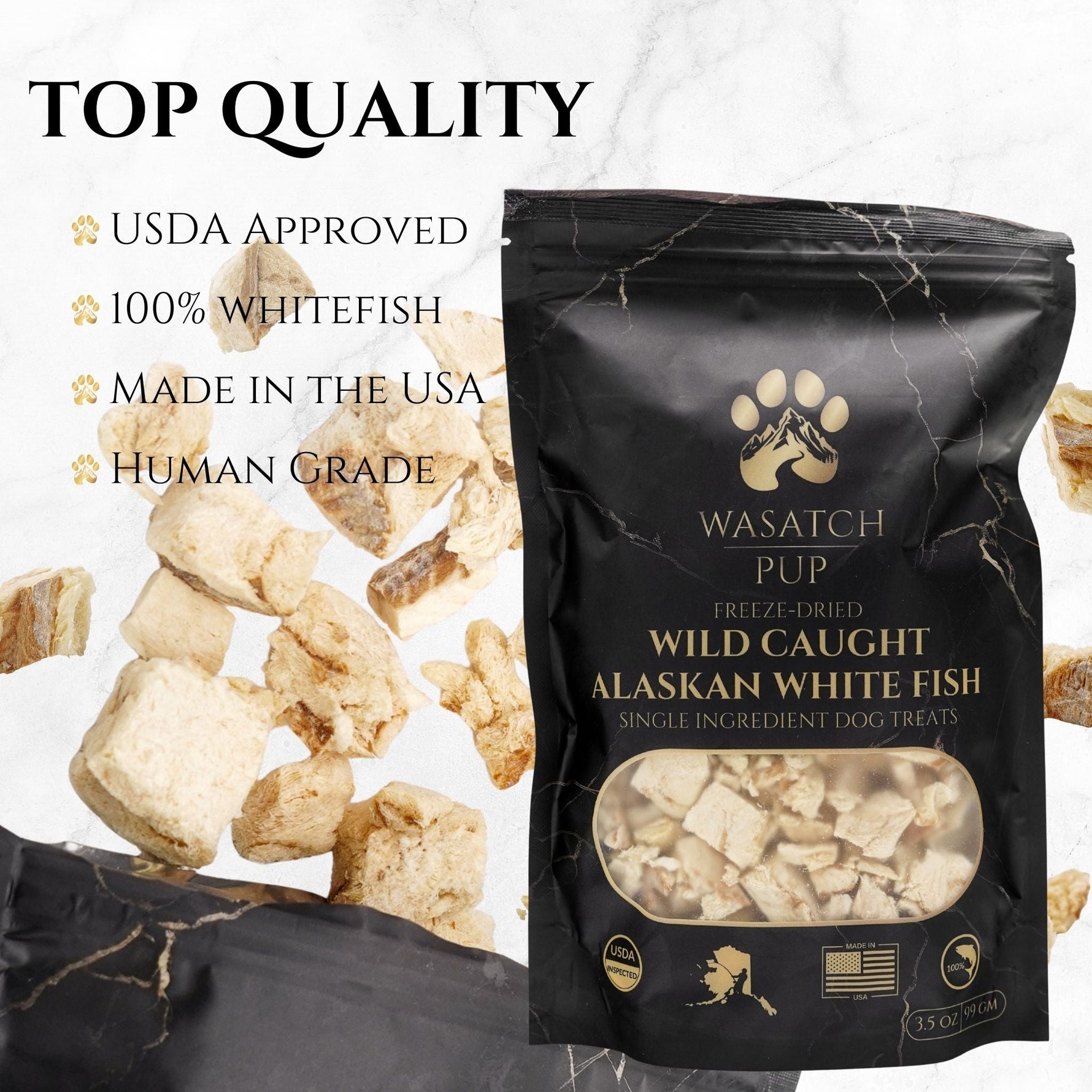 Freeze-dried fish treat pouch with dried fish chunks beside it