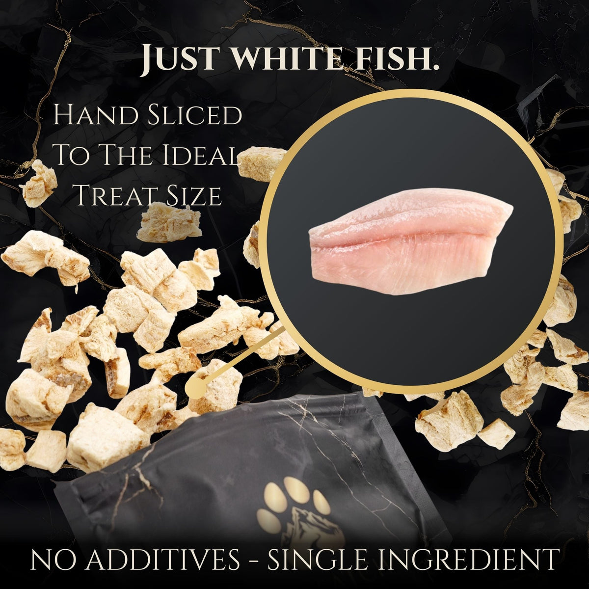 Freeze-dried fish treat pouch with inset slice graphic and scattered fish pieces