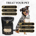 Freeze-dried fish treat pouch beside a dog with high-protein and low-fat icons