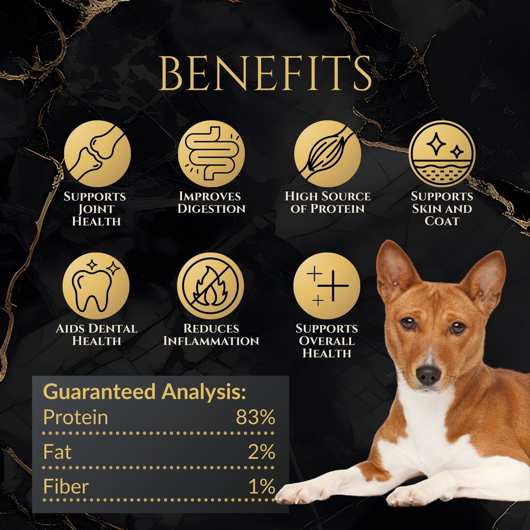Dog next to benefits icons and guaranteed analysis text for freeze-dried fish