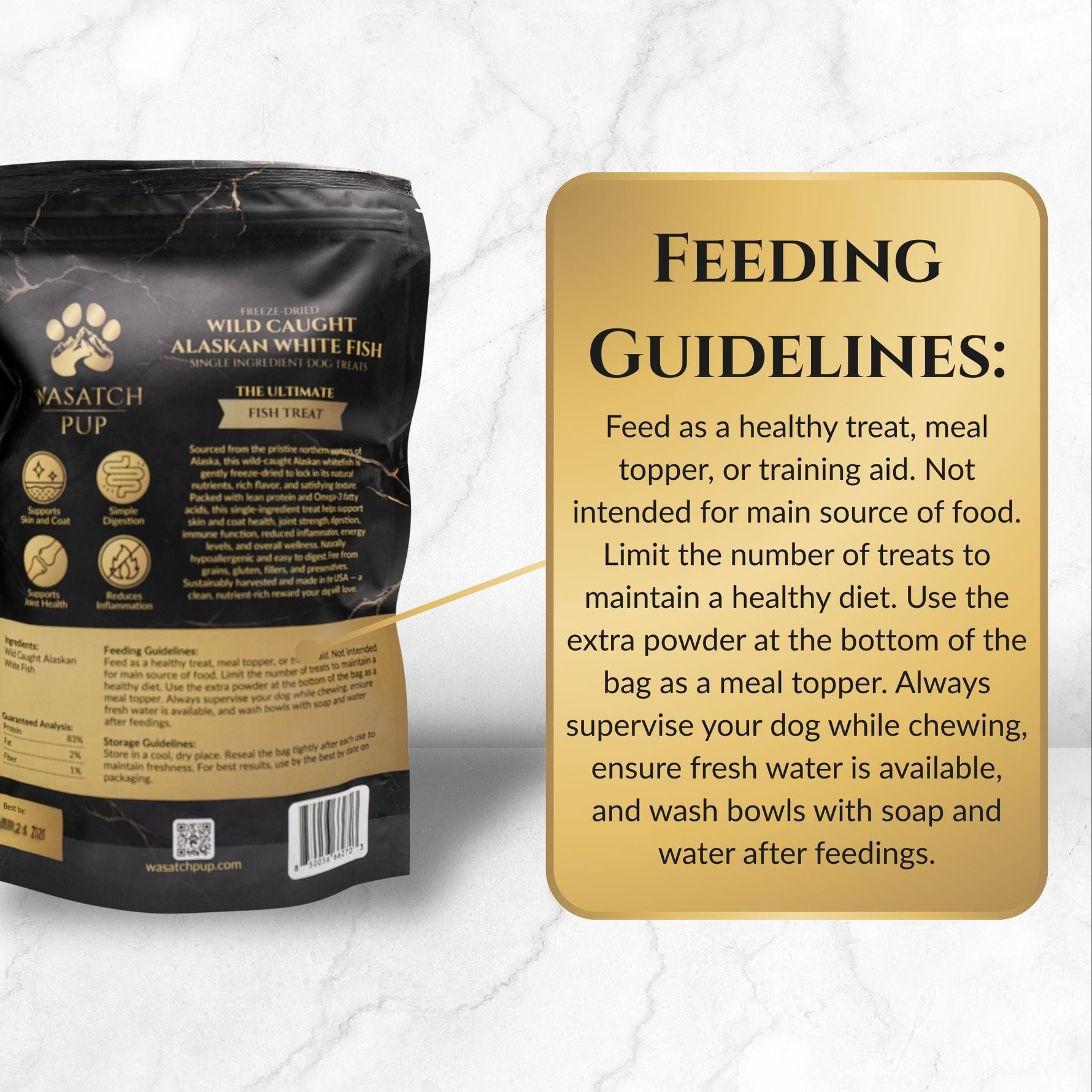 Freeze-dried whitefish treat pouch with feeding guidelines card