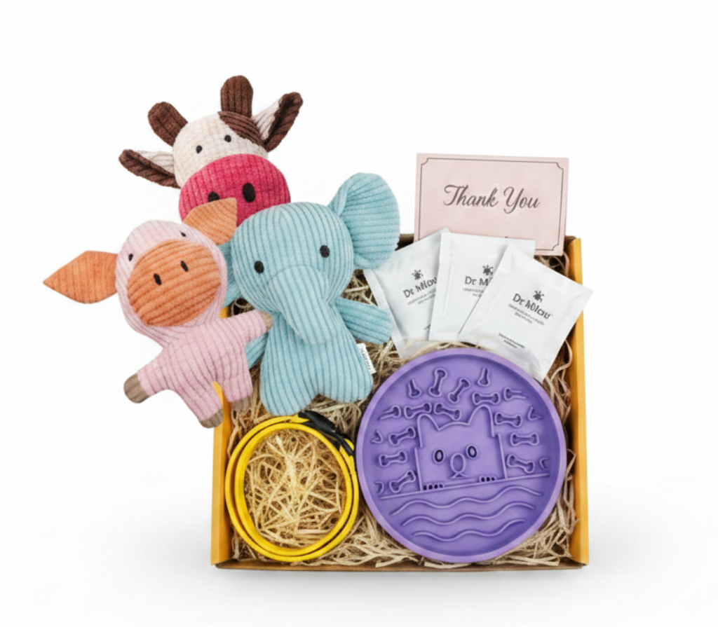 Welcome kit box with blue, pink, and orange plush toys, purple lick mat, and thank-you card