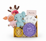 Welcome kit box with blue, pink, and orange plush toys, purple lick mat, and thank-you card