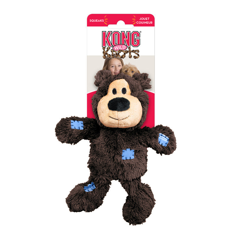 Kong Wild Knots bear plush in dark brown with blue rope-knot patches