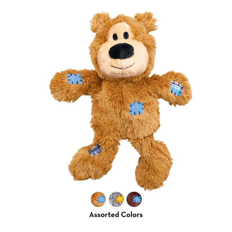 Kong Wild Knots bear plush in tan fur with blue rope-knot patches