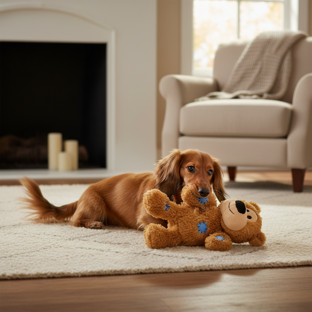 Brown bear-shaped squeaky dog toy with blue spots and chew-safe plush body