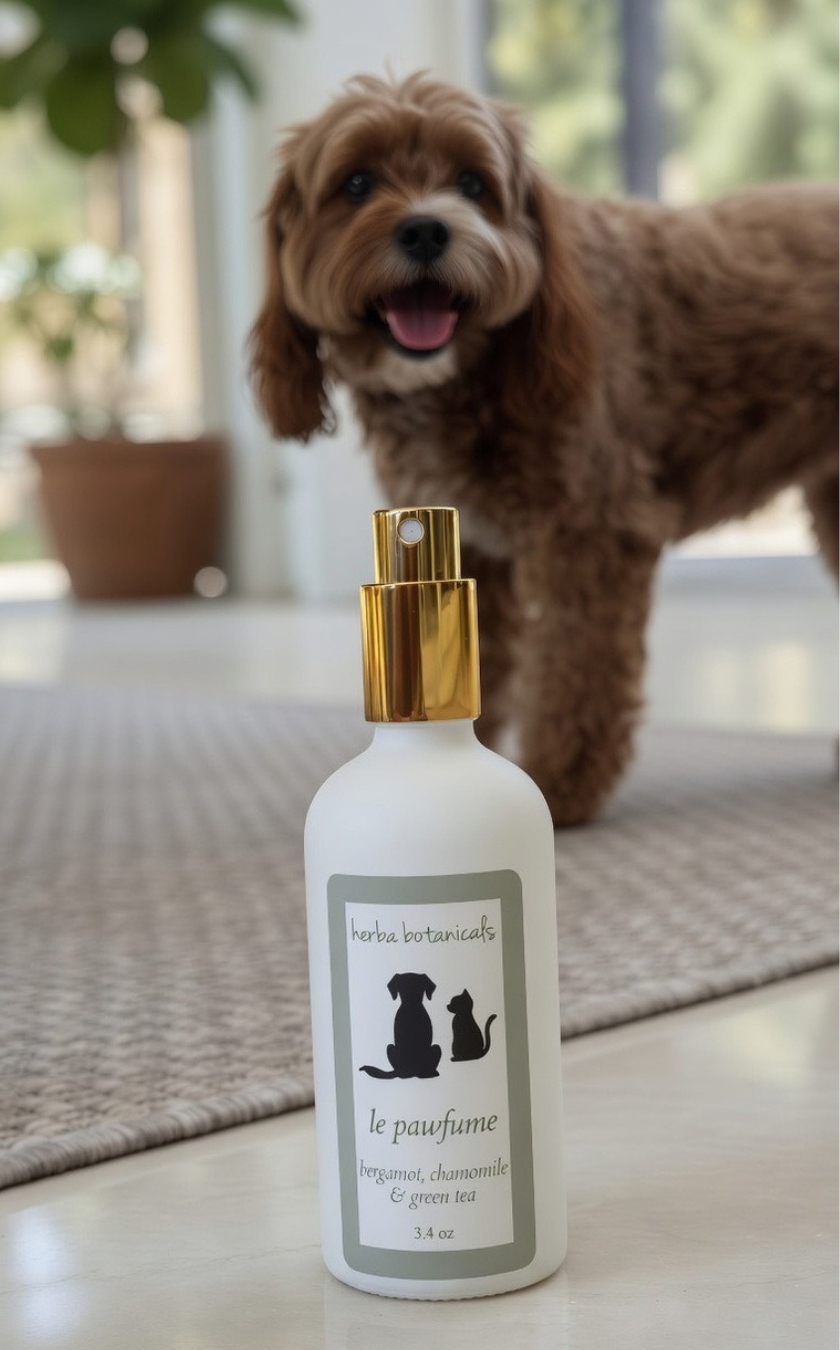 Pet spray bottle with gold sprayer top and green label, on a rug with dog in back