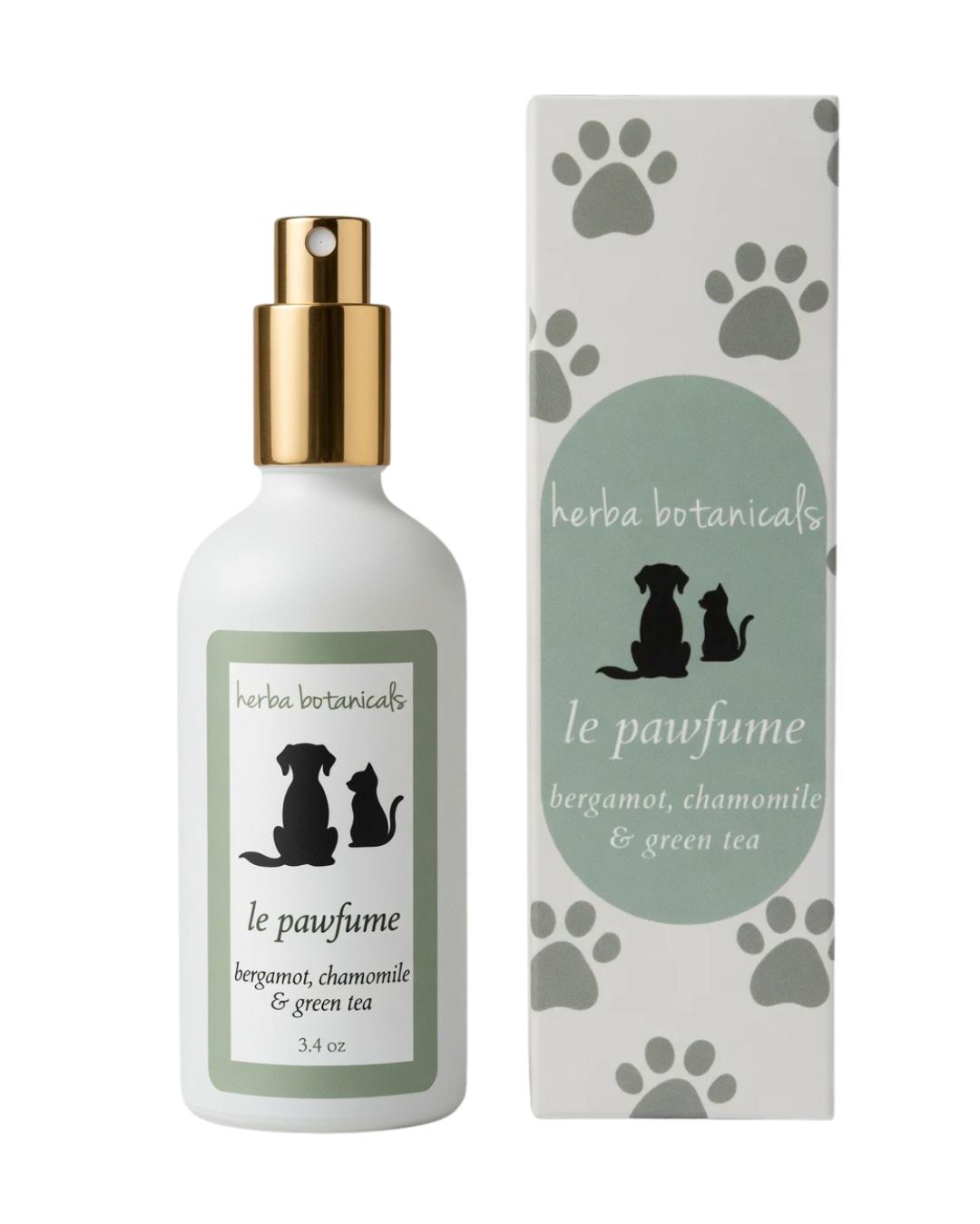 Pet spray bottle and matching box with gold sprayer top and green paw-print design
