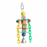Colorful bird learning block toy with chains, bell, and letter blocks