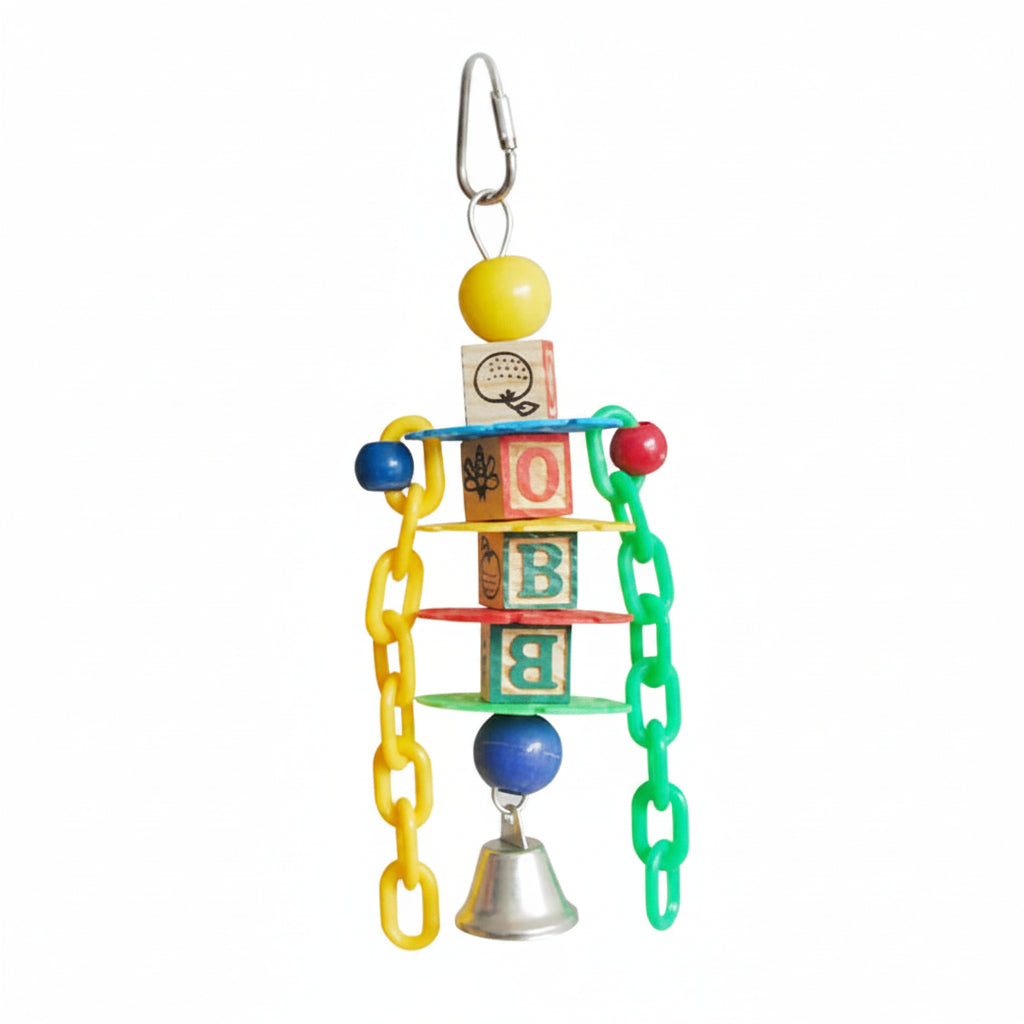 Colorful bird learning block toy with chains, bell, and letter blocks