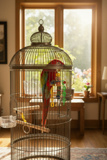 Pet bird toy in wire cage with colorful hanging learning blocks and wooden perch