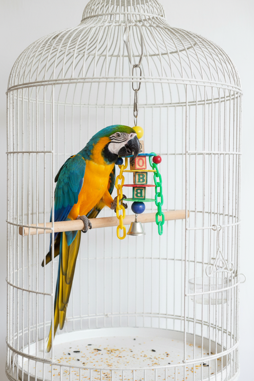 Pet bird toy: parrot on wooden perch beside colorful hanging blocks inside white wire cage