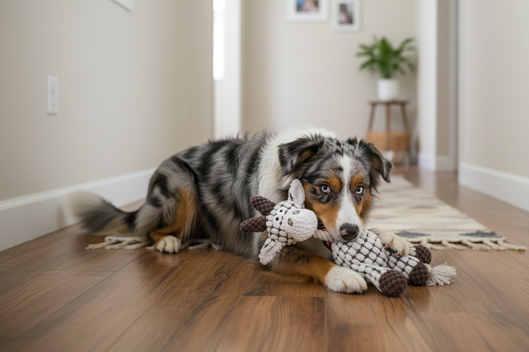Plush dog toy with gray-and-white fabric, textured body and dangling legs.