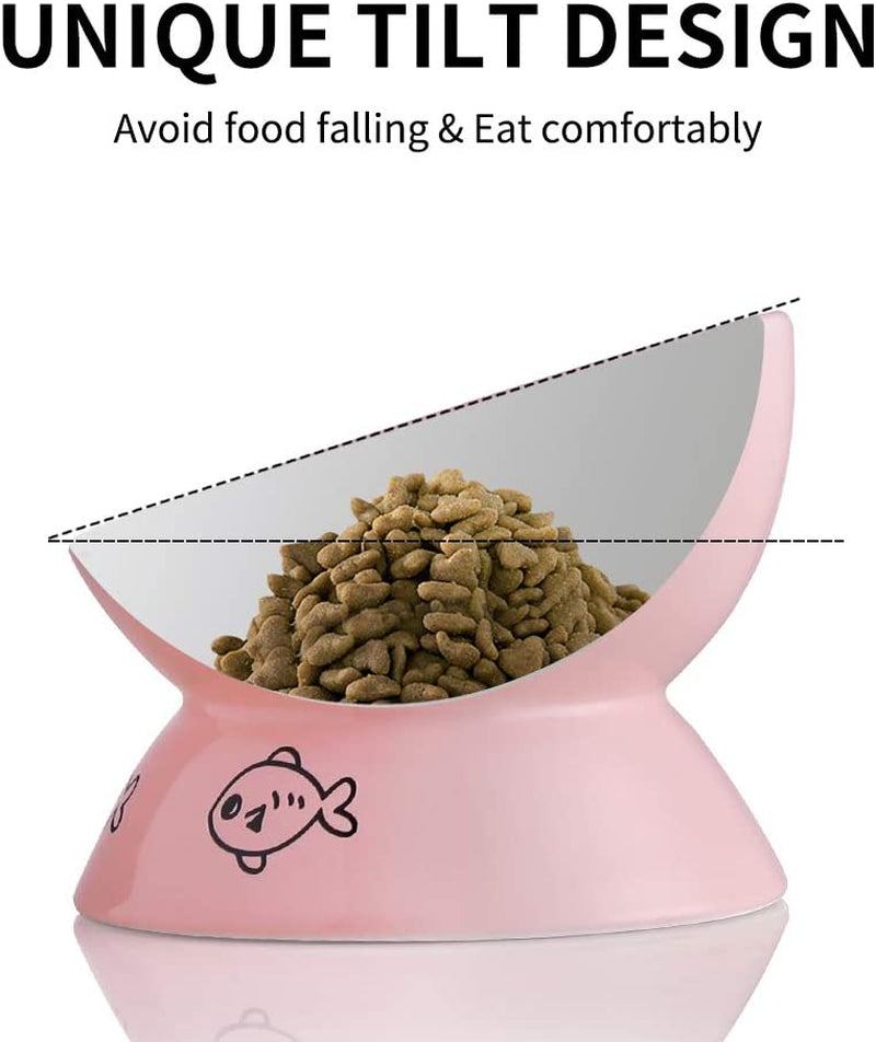 Pink raised tilt ceramic cat bowl with cartoon fish, angled feeding shape