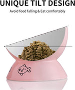 Pink raised tilt ceramic cat bowl with cartoon fish, angled feeding shape