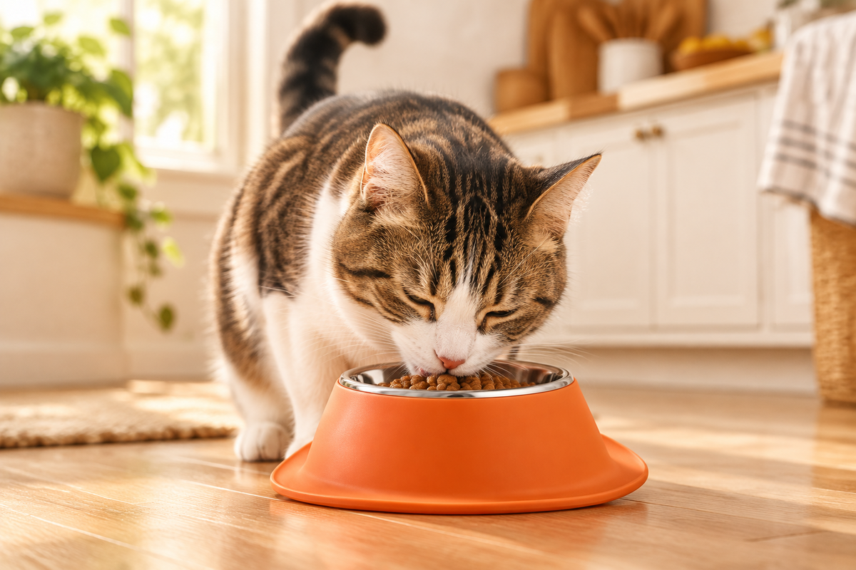 Orange tilted cat food bowl with stainless steel inner, cat eating kibble