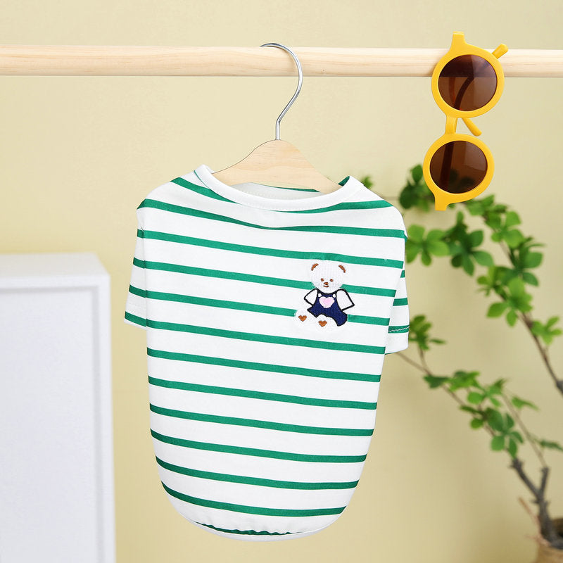 Small dog t-shirt on hanger, green and white stripes with bear graphic