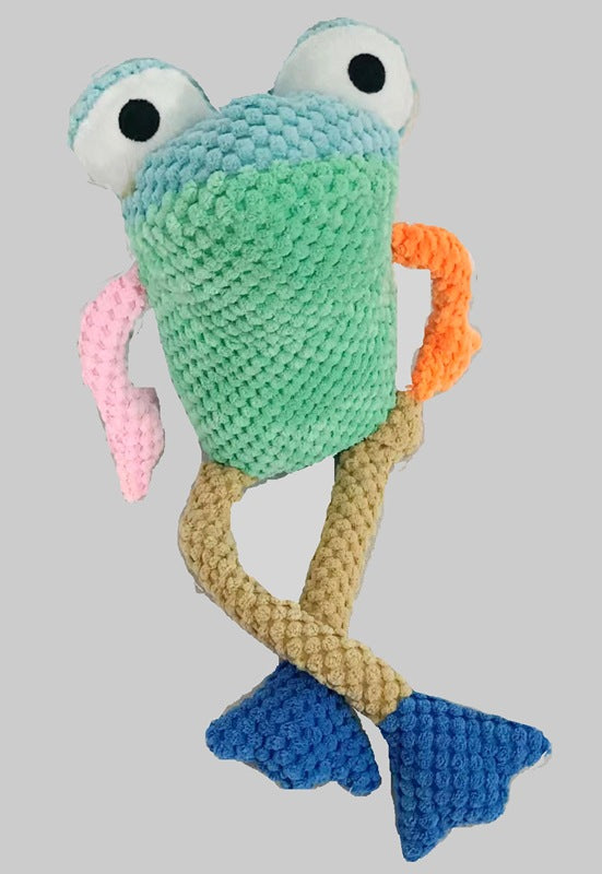 Teal plush fish pet toy with orange tail and fin details, stitched eyes