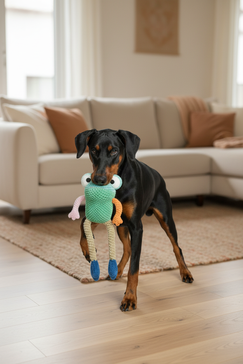 Green plush pet toy with crocheted texture and blue tail, held by a dog