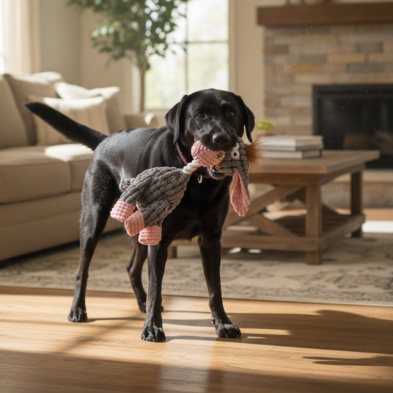 Plush squeaky dog toy held by a dog; gray body with pink details and stitched face.