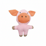 Plüsch-Schwein zum Kuscheln mit rosa Körper, orange Bauch, große Ohren und schwarze Punkte