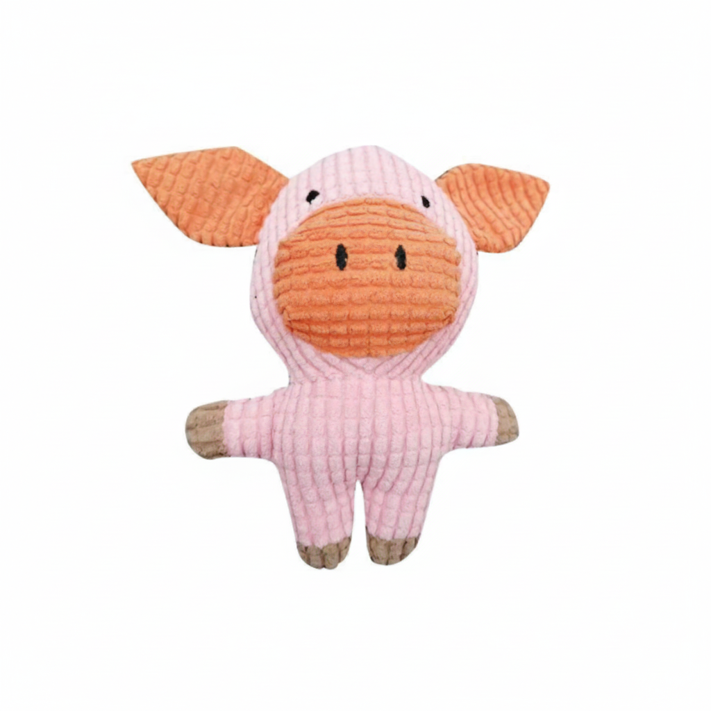 Plüsch-Schwein zum Kuscheln mit rosa Körper, orange Bauch, große Ohren und schwarze Punkte