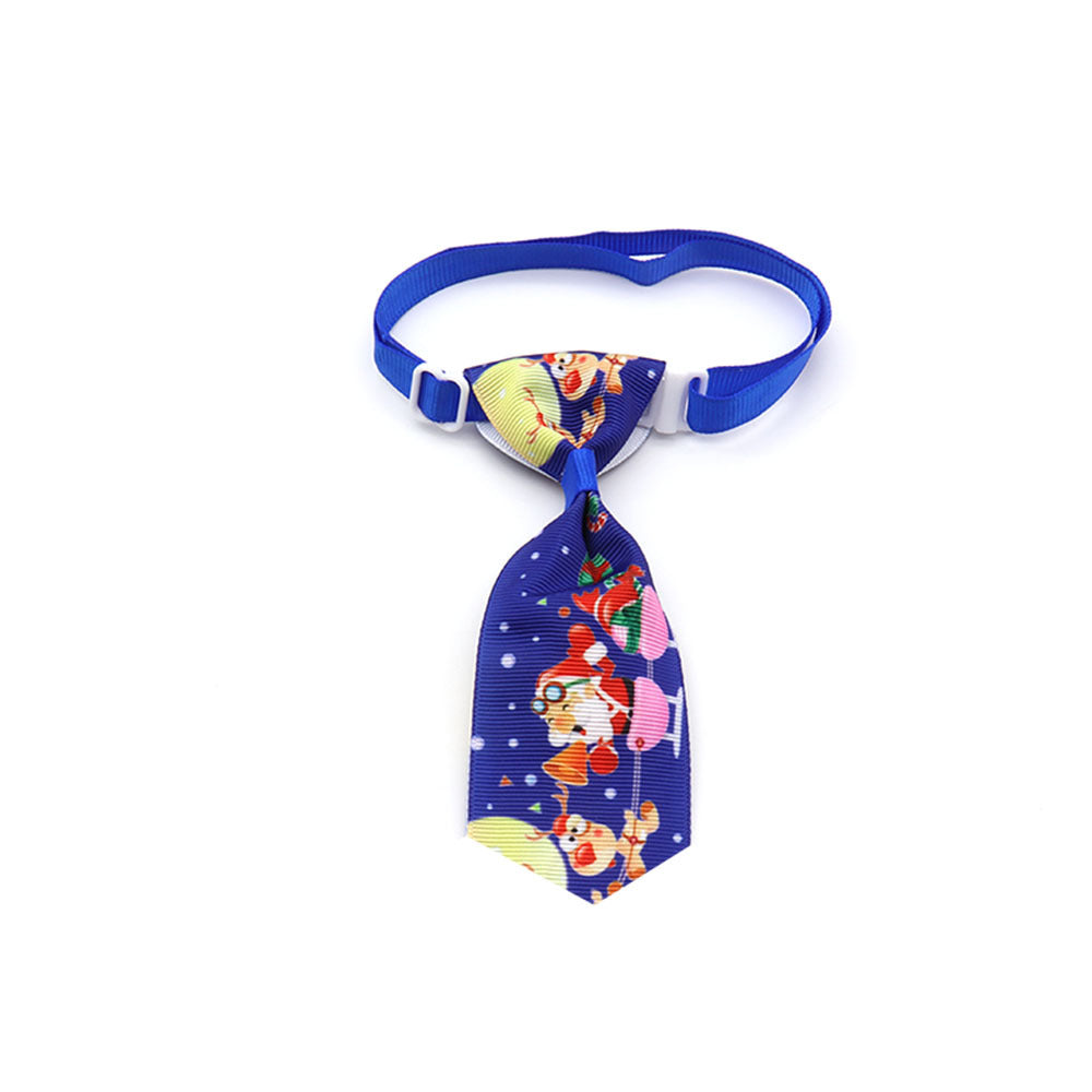 Pet bow tie with blue strap and blue holiday neck tie with colorful character print
