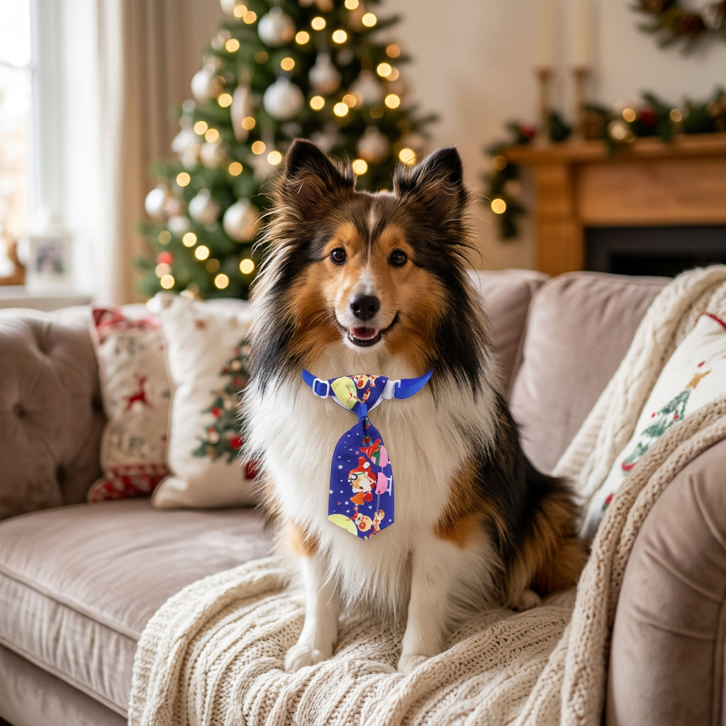 Pet Christmas necktie with blue base, festive print, and yellow accents at knot.