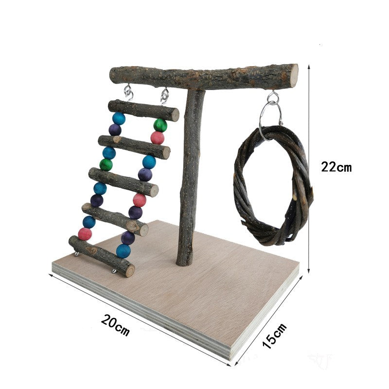 Wood bird training stand with beaded ladder and hanging rope loop on flat base.