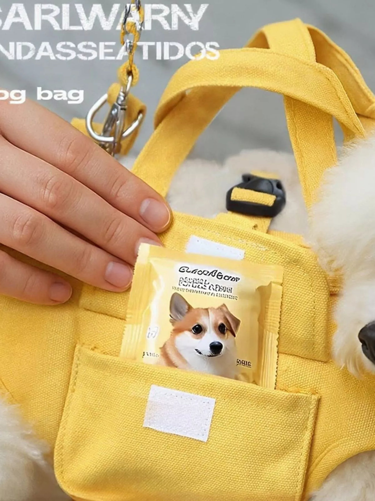 Yellow portable pet carrier harness with metal keyring clip and front label pocket