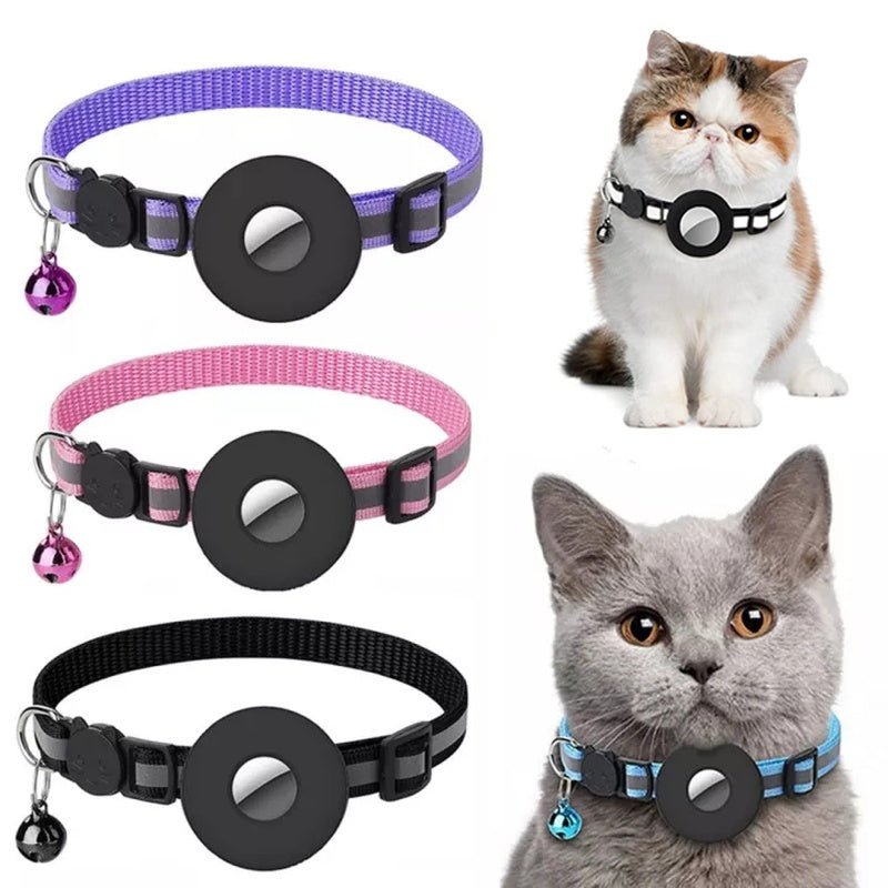 Reflective waterproof pet collar with Airtag holder, bell; shows purple, pink, and black styles