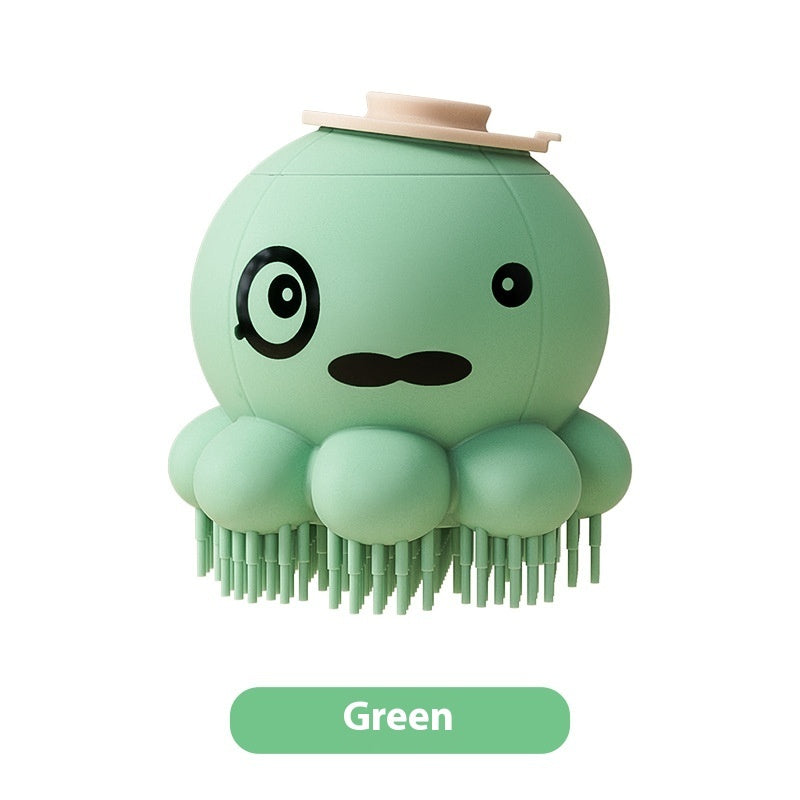 Pet shower brush silicone bath massage comb, green rounded character body with bristles