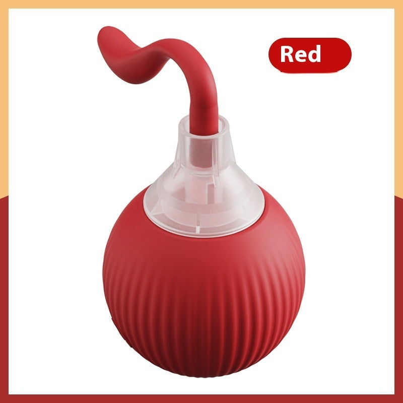Red interactive cat toy ball with clear base and curved nozzle