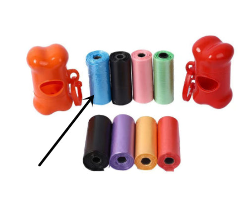 Assorted pet waste bags in orange, blue, black, pink, green, and red rolls