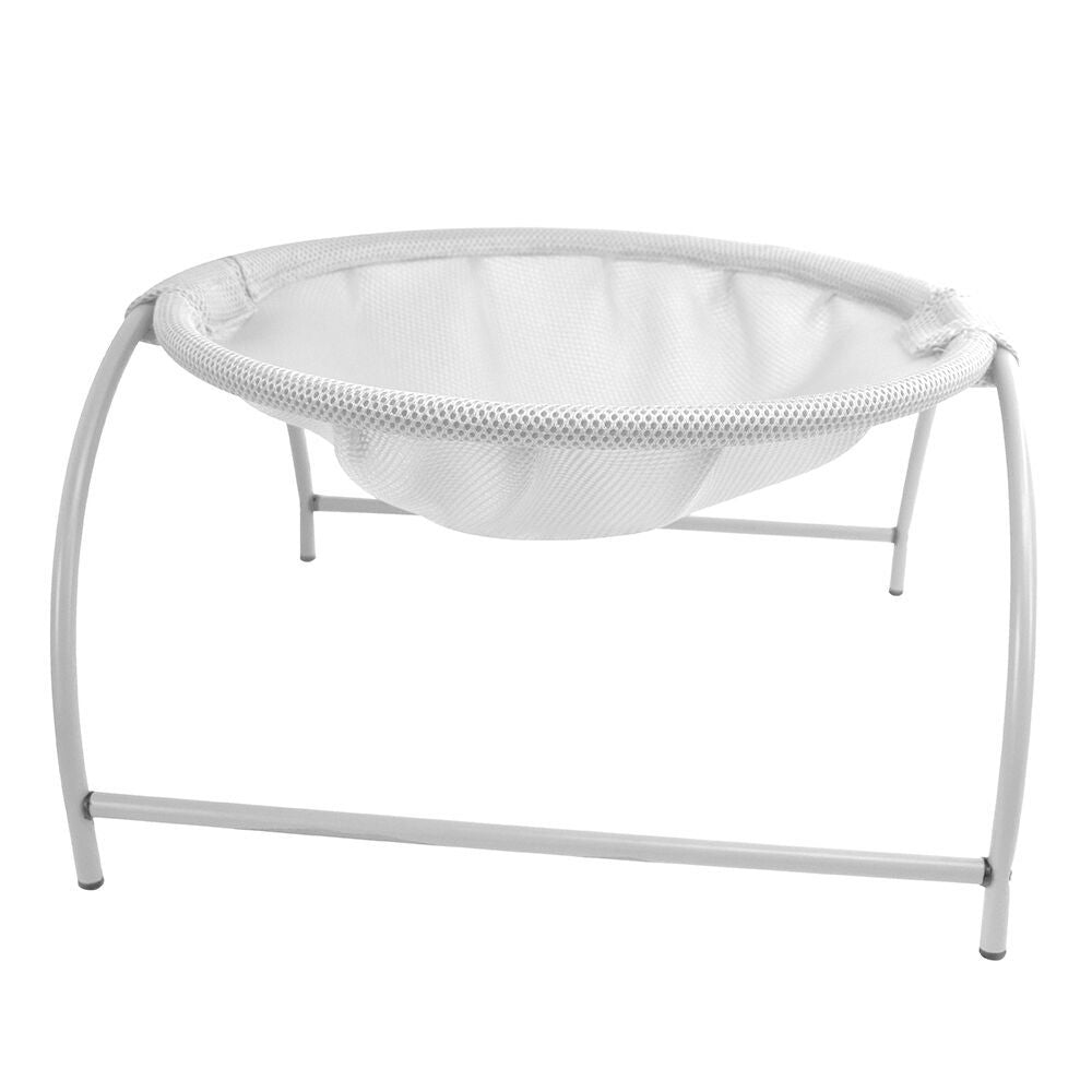 White free-standing pet hammock bed with mesh fabric and curved support frame