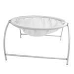 White free-standing pet hammock bed with mesh fabric and curved support frame