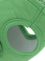 Green portable pet carrier harness front mesh opening with fabric edges