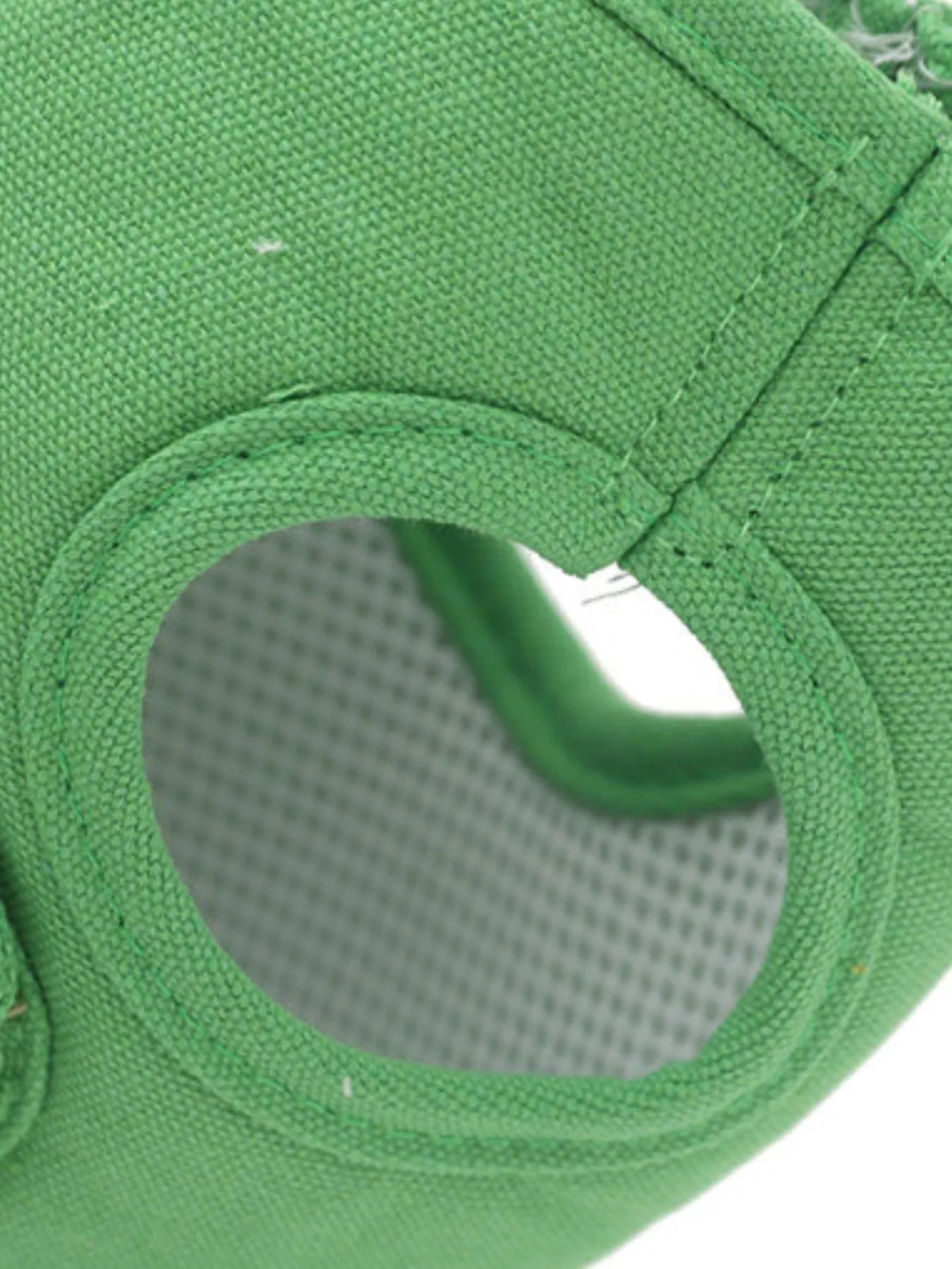 Green portable pet carrier harness front mesh opening with fabric edges