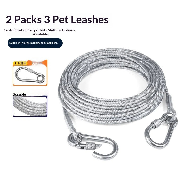 Gray steel wire dog leash with swivel carabiners, 3-leash set shown