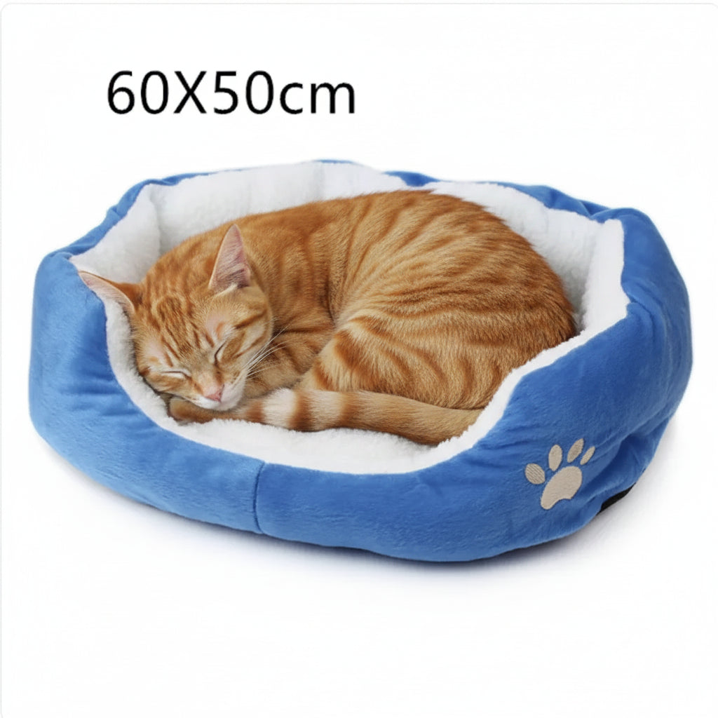 60x50cm blue round pet bed with white plush liner and paw emblem, orange cat sleeping
