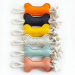 Felt dog chew toy set with knot bone shapes and rope ends in orange, yellow, blue, pink