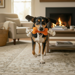 Orange felt knot bone dog toy with rope ends in a tug-ready shape
