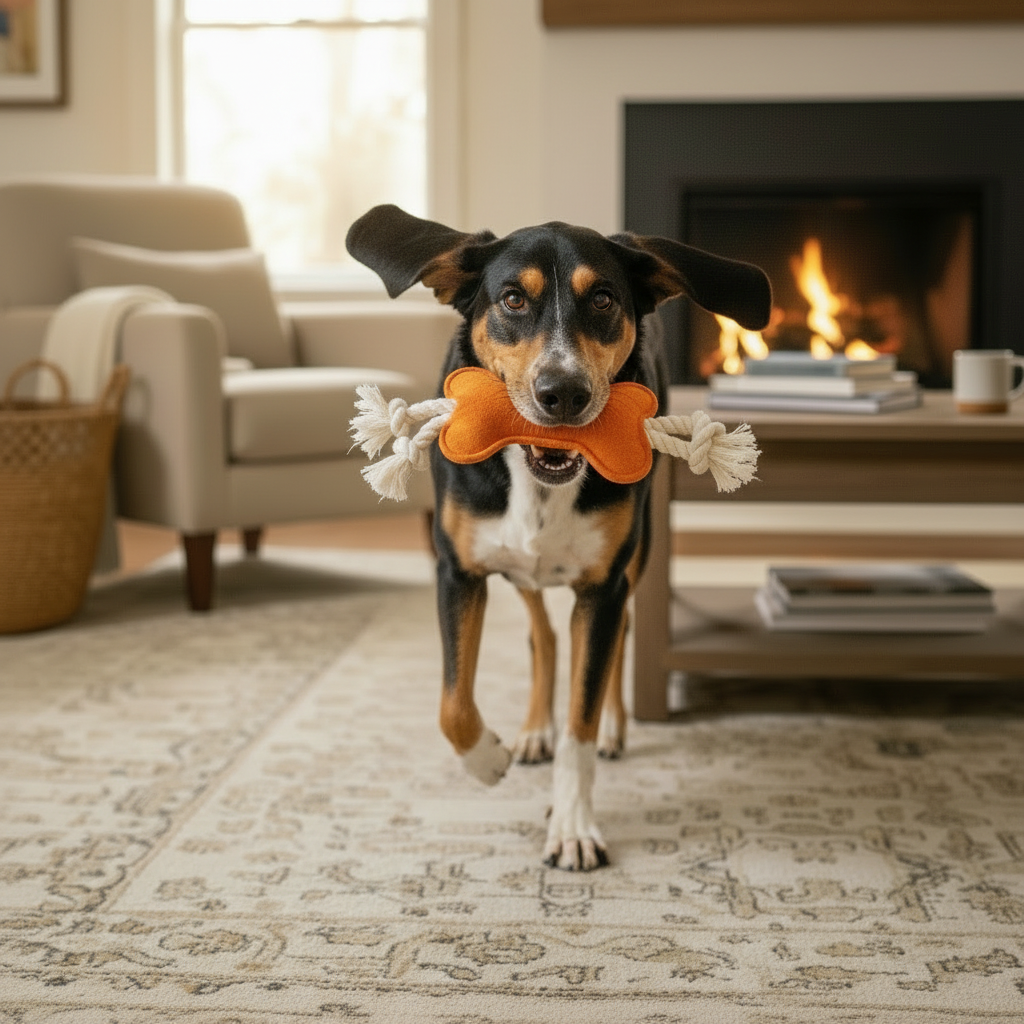 Orange felt knot bone dog toy with rope ends in a tug-ready shape
