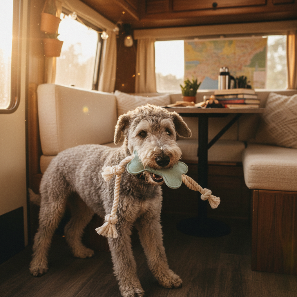 Light blue felt knot bone dog toy with rope ends